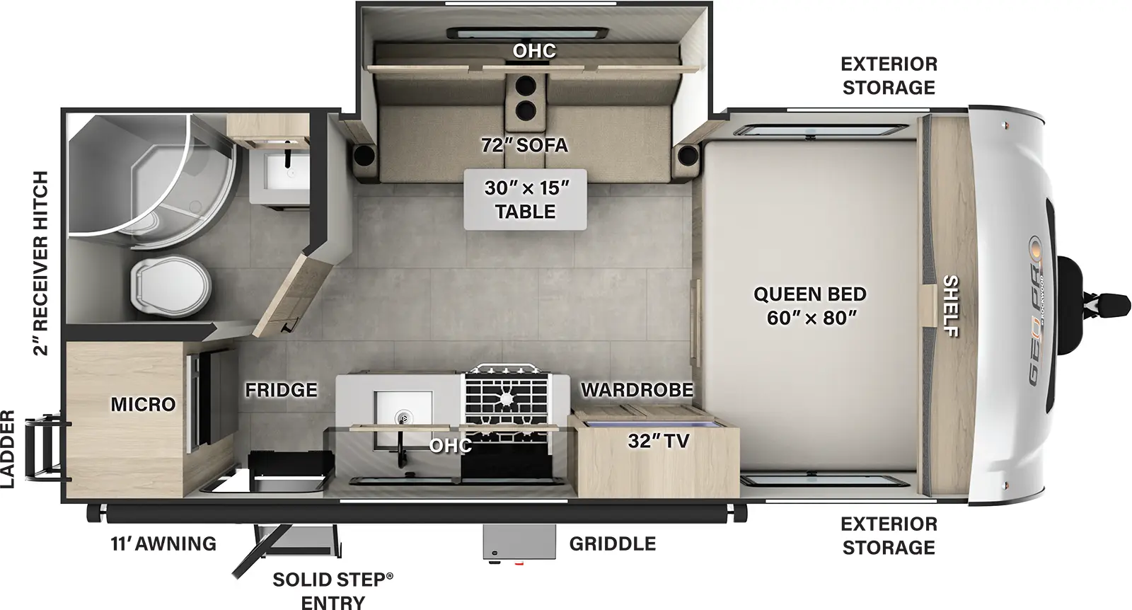 The Rockwood Geo Pro G19FBS has one entry and one slide out. Exterior features include: fiberglass exterior and 11' awning. Interiors features include: front bedroom.